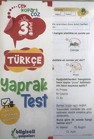 3. Sınıf Türkçe Çek Kopart Yaprak Test - 1